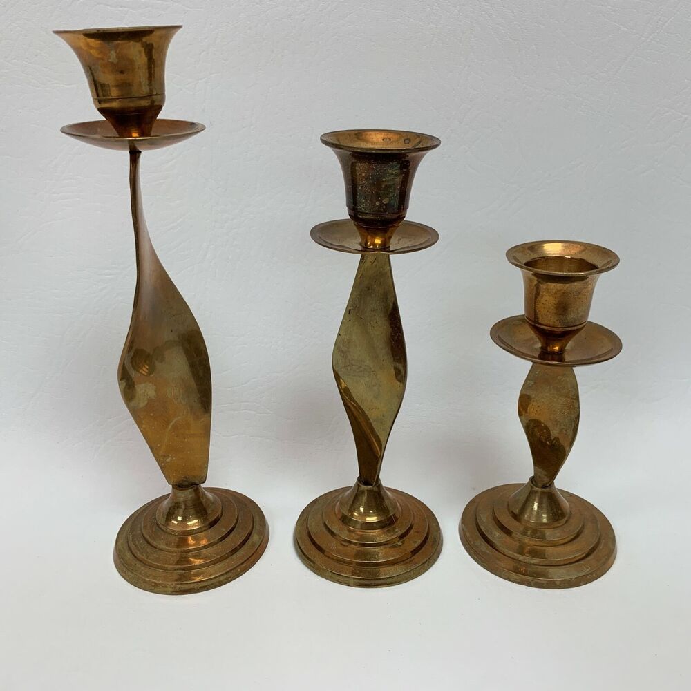 Brass Graduated Candlestick Candle Holders Swirl Twist Lot‎ of 3